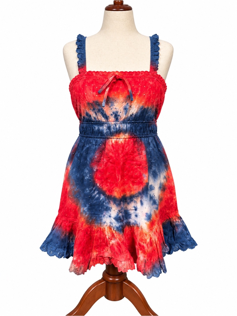 Celebrity Red White & Blue Tie-Dye Ruffled Strap Sundress